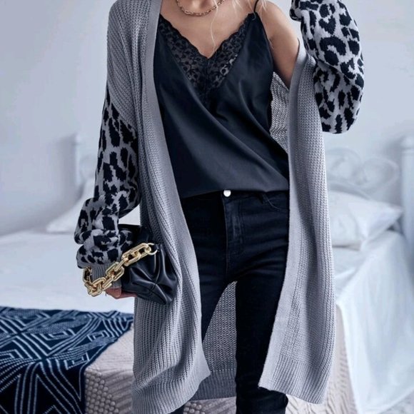 MODA ME COUTURE Sweaters - Long Leopard print statement sleeves cardigan